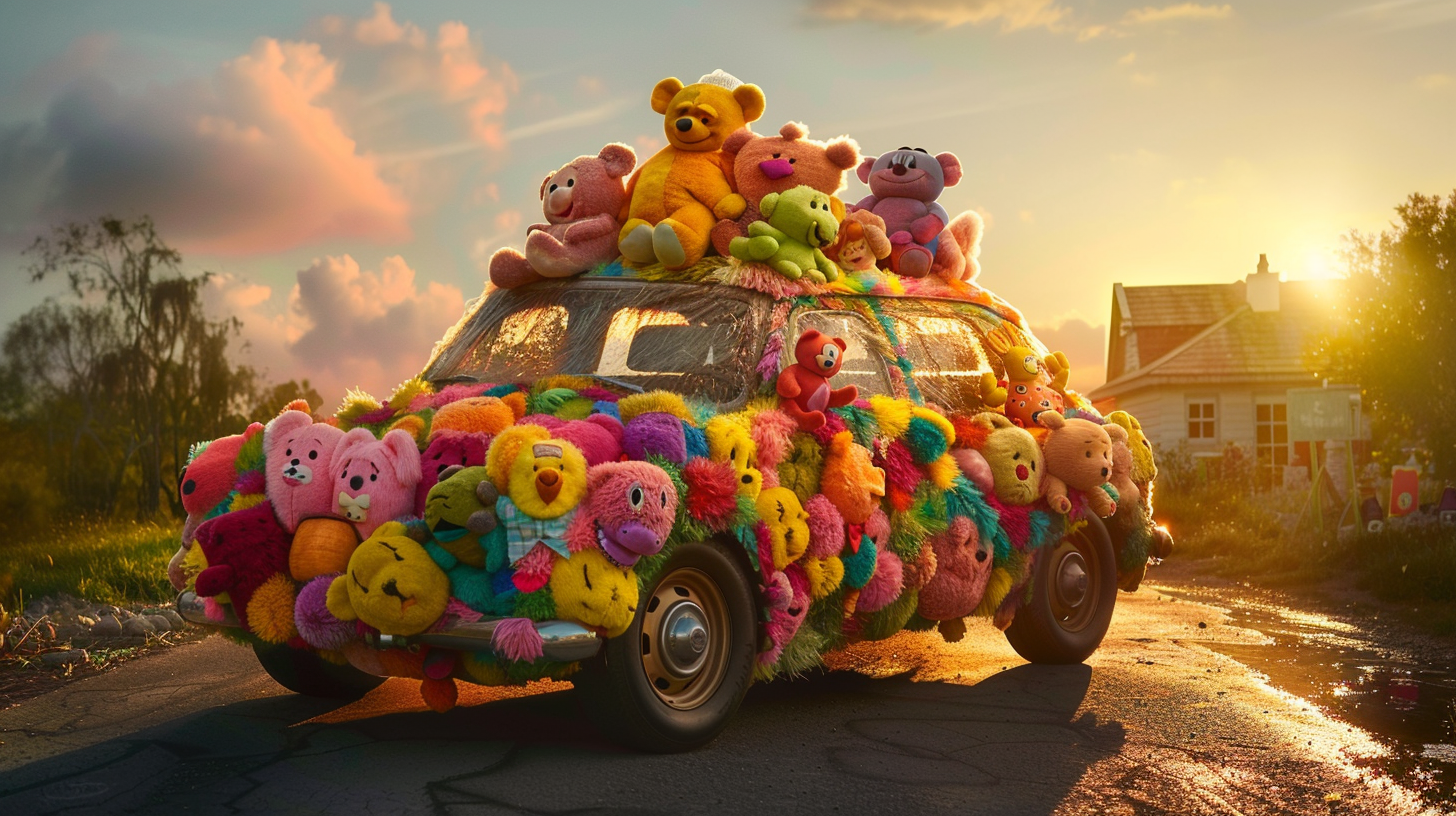 Life-sized car made of Disney plush toys drives.