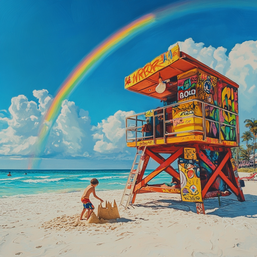 Lifeguard stand, graffiti mural, white sand beach, blue ocean.