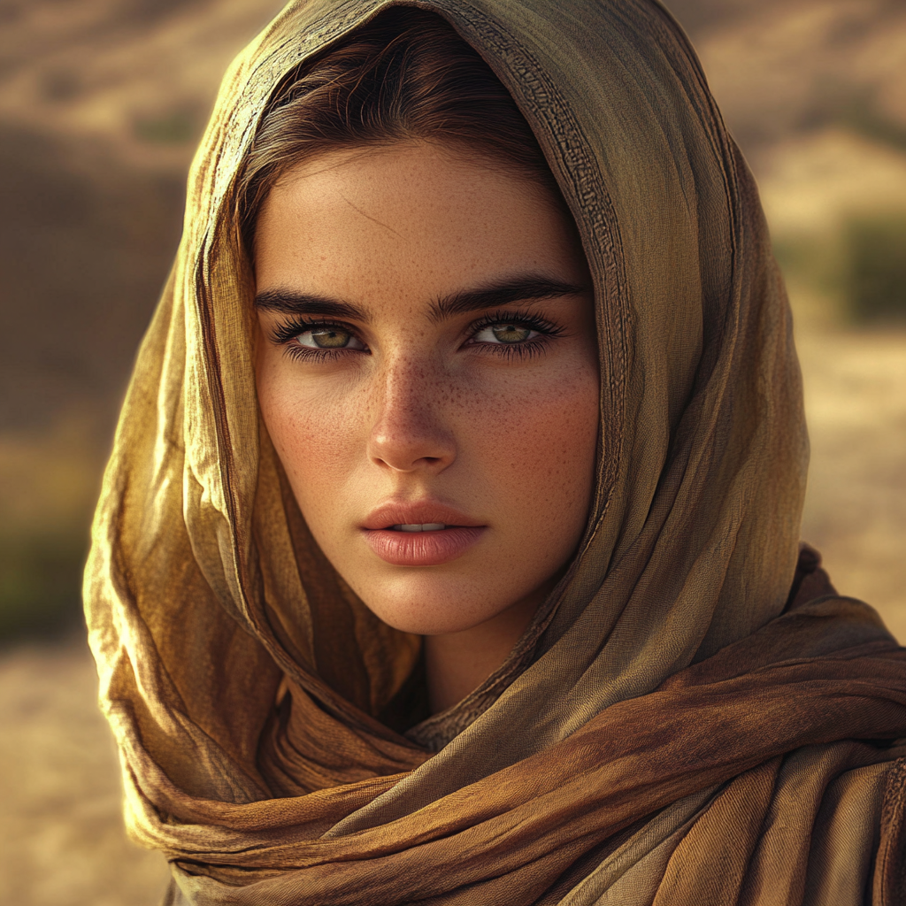 Lifelike prophetess with fierce expression in desert setting.