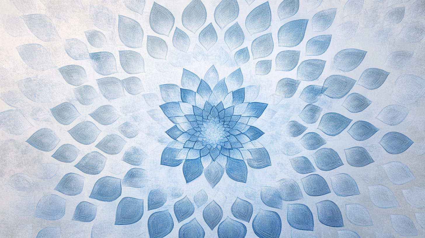 Light gray background, blue lotus patterns circling inward.