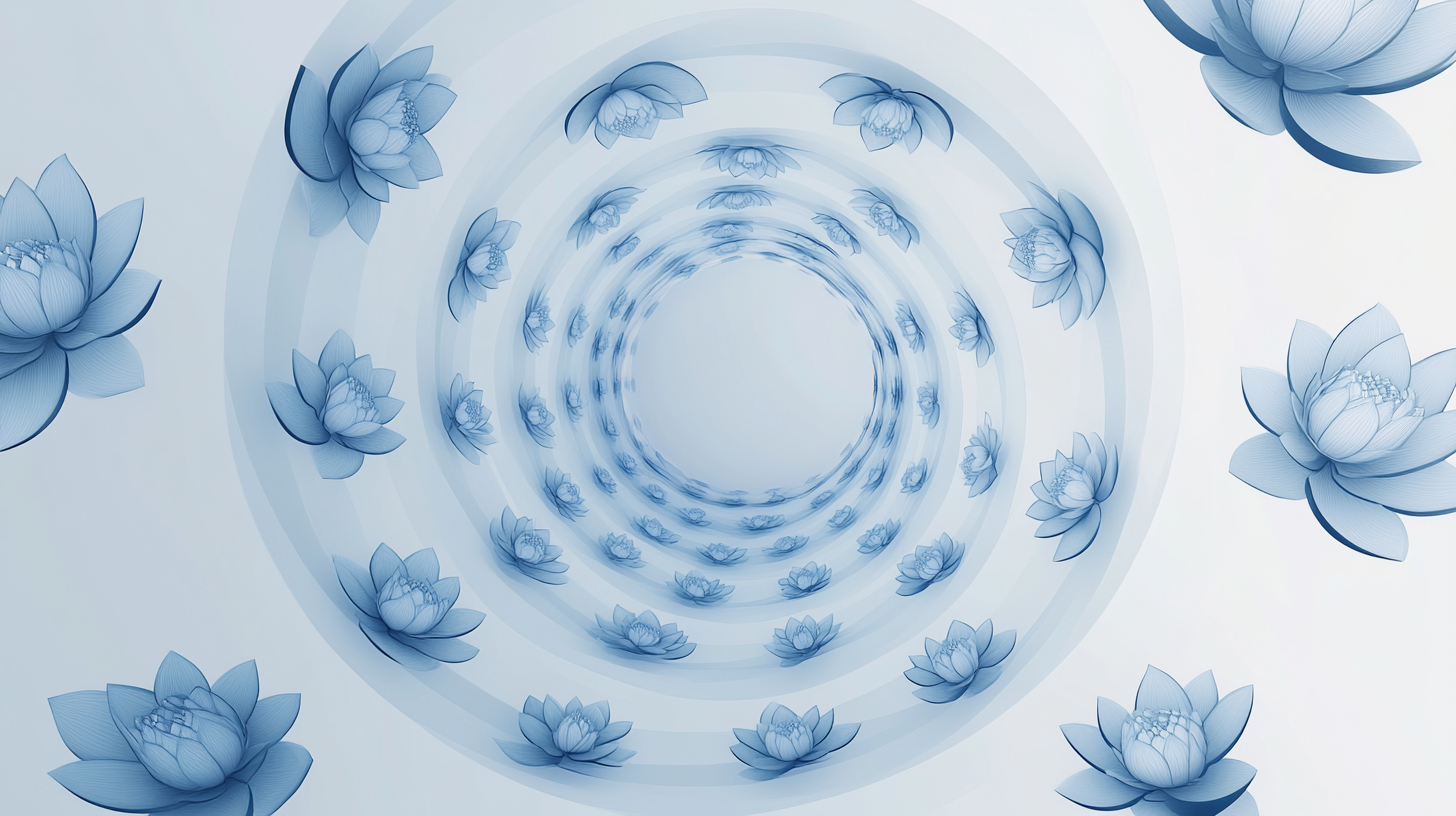 Light gray background, traditional blue lotus patterns, circle.