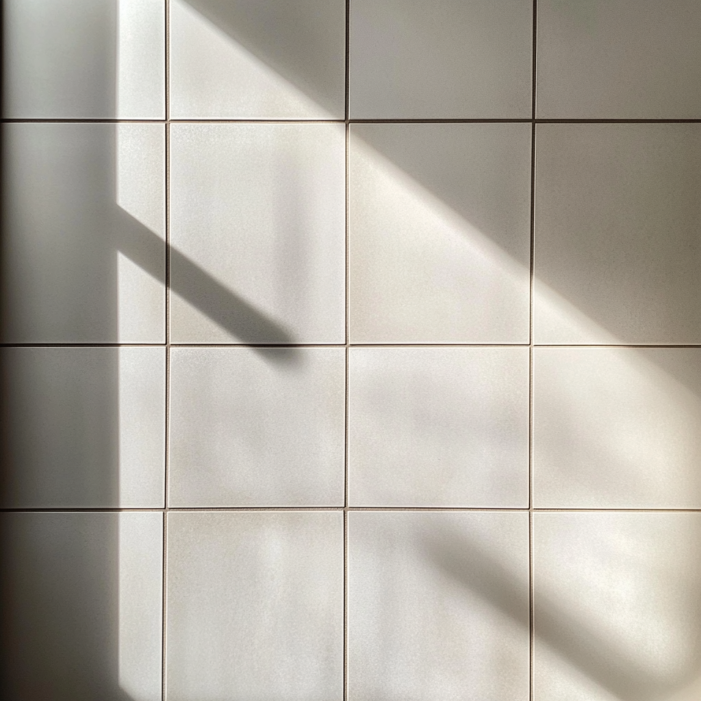 Light grey tiled bathroom wall and floor view