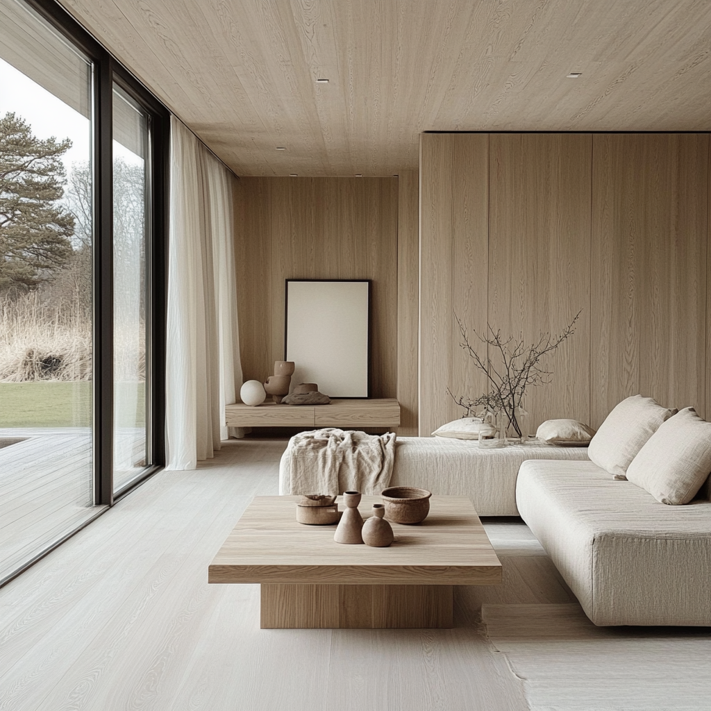 Light wood and neutral tones create airy, warm space.