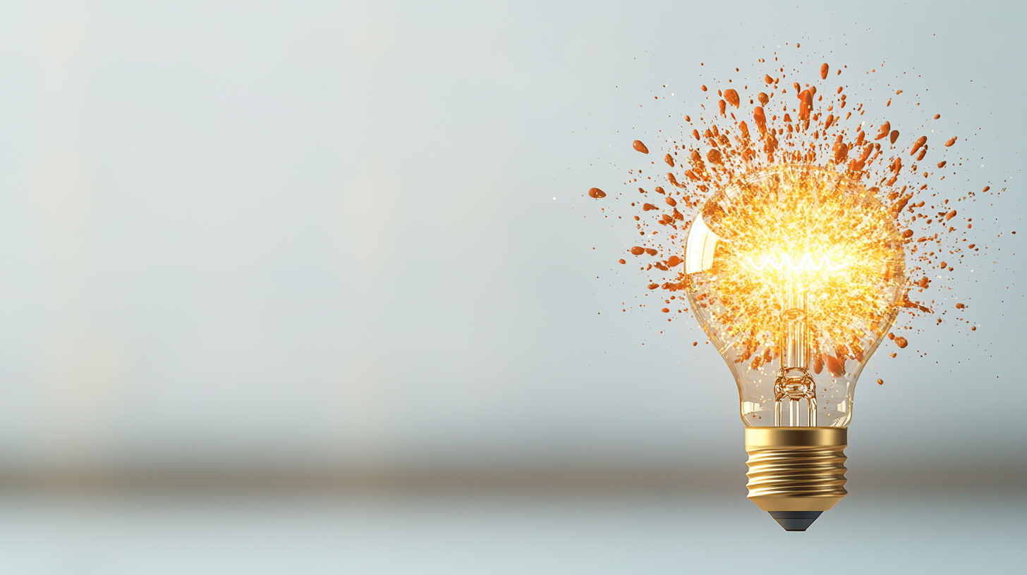 Lightbulb bursting with light, representing creativity, neutral background.