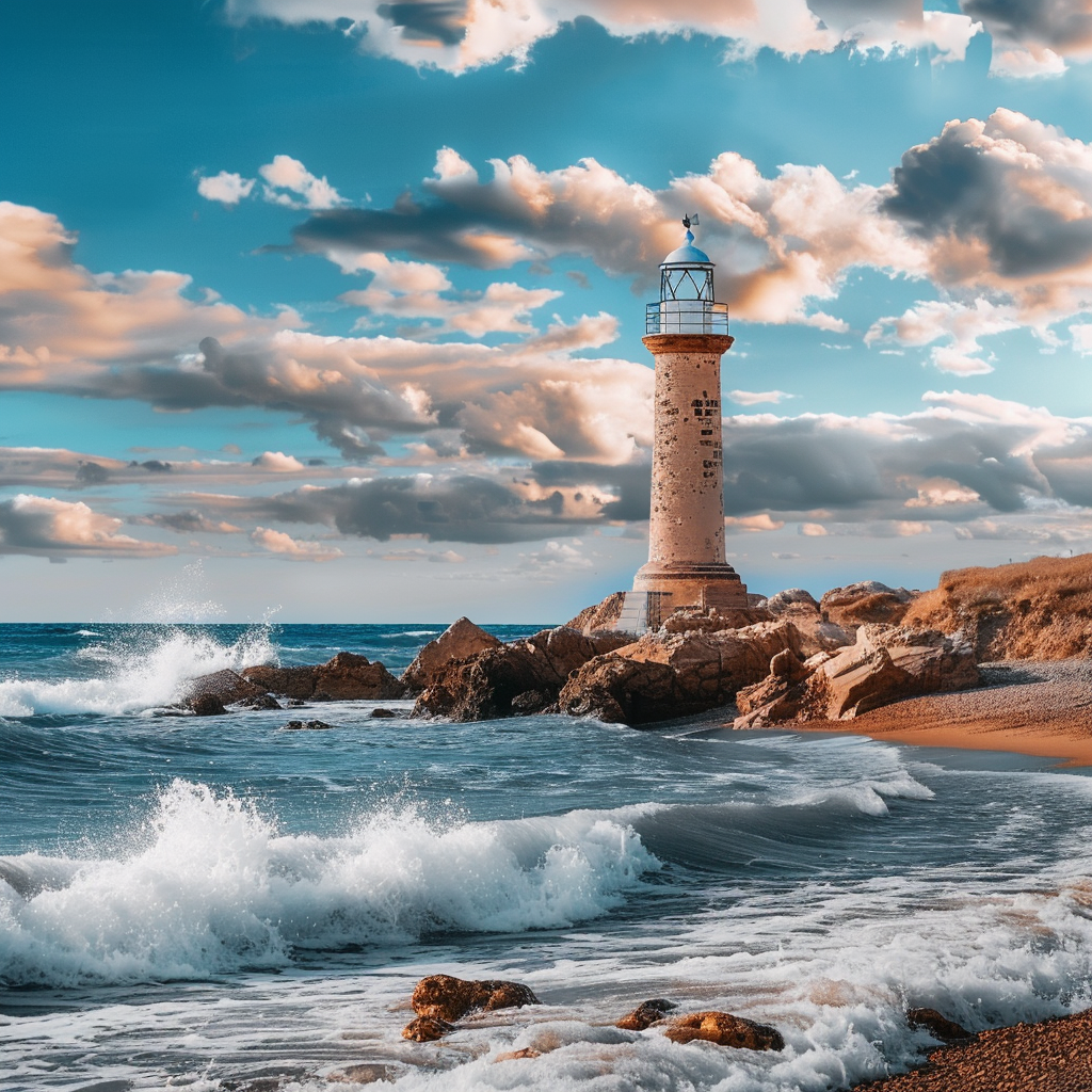 Lighthouse on rock with nice sky and waves.