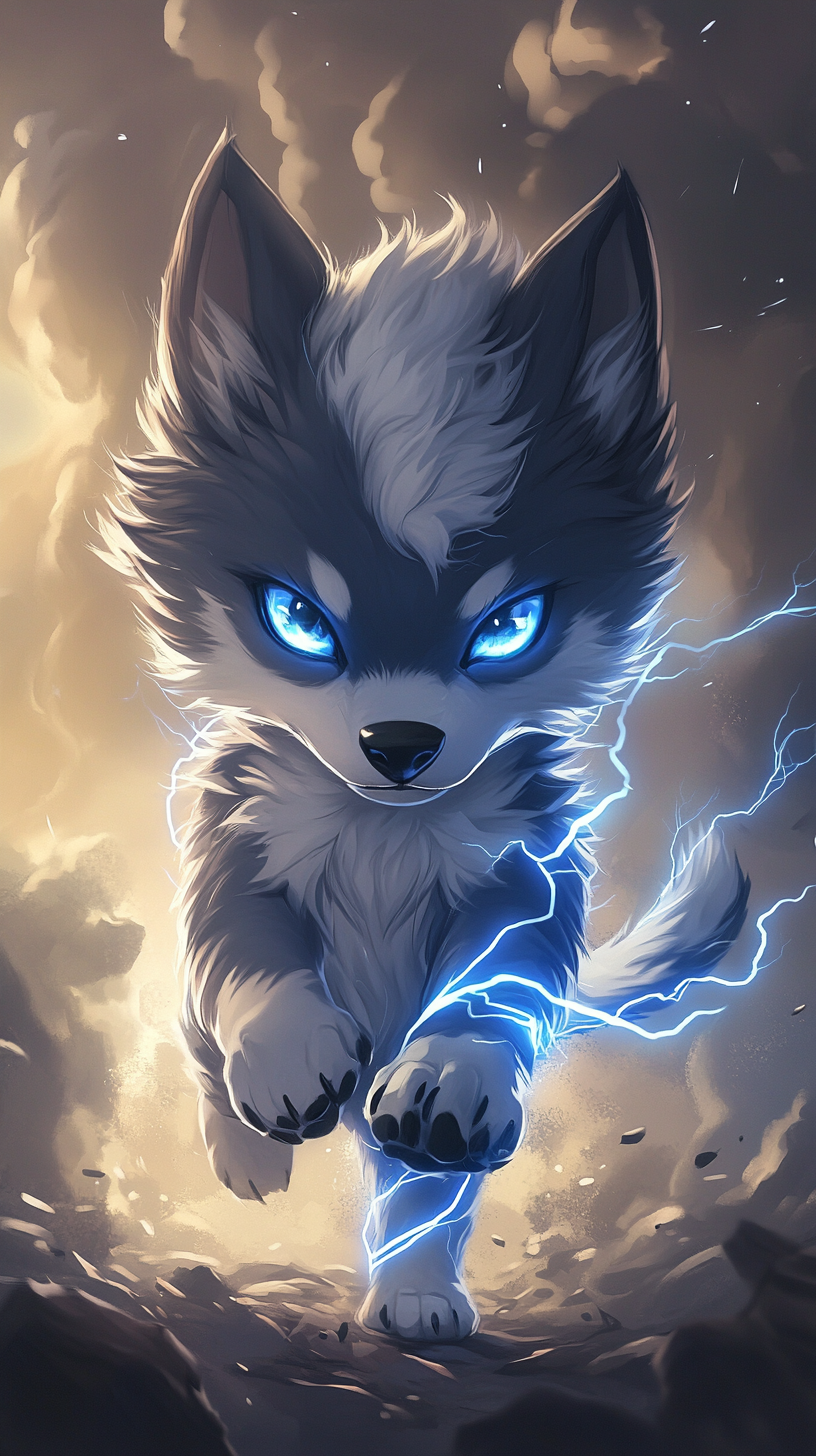 Lightning-powered chibi wolf with sparking fur in stormy sky.