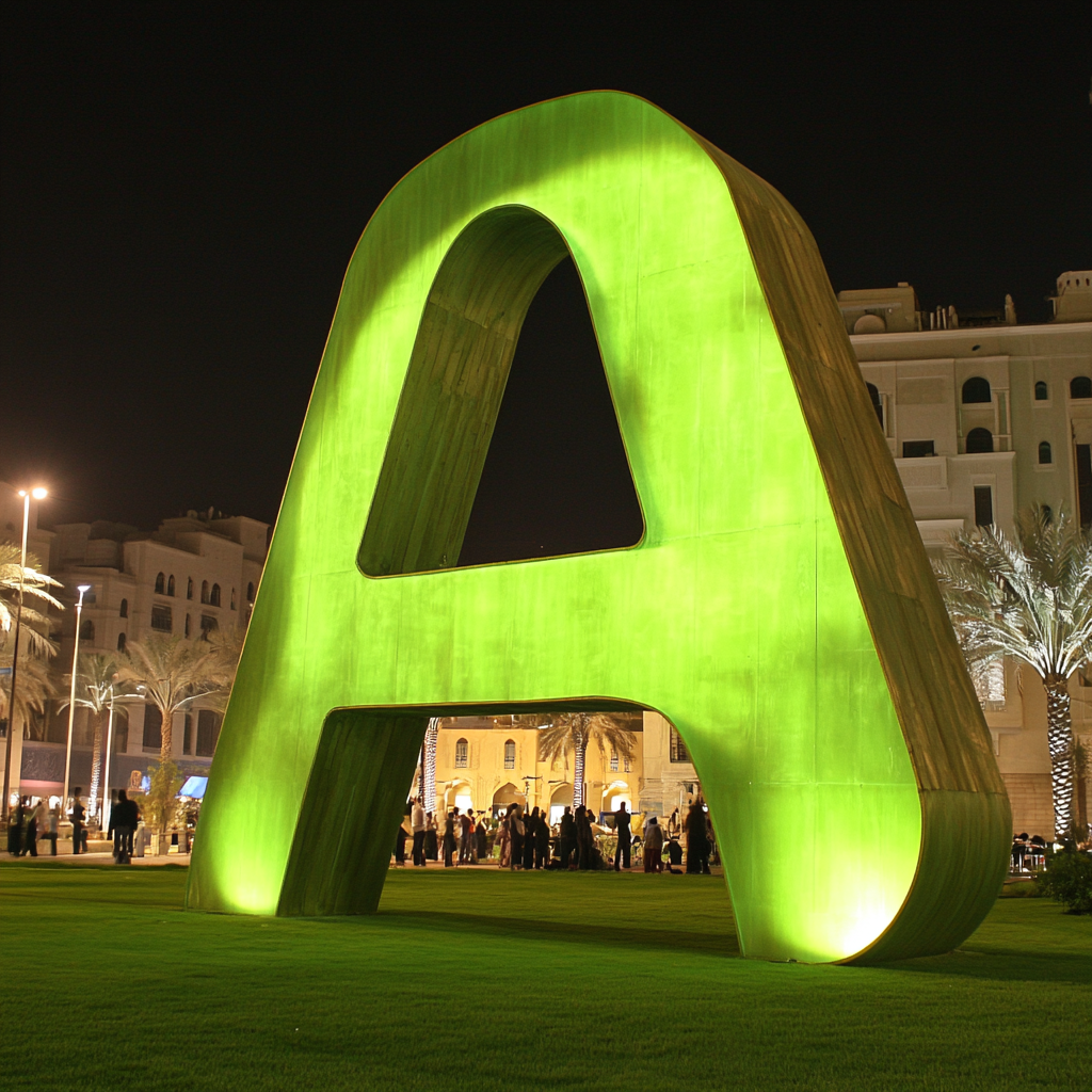 Lights shining on big letters 'ALBALAD FOOTBALL' in city.