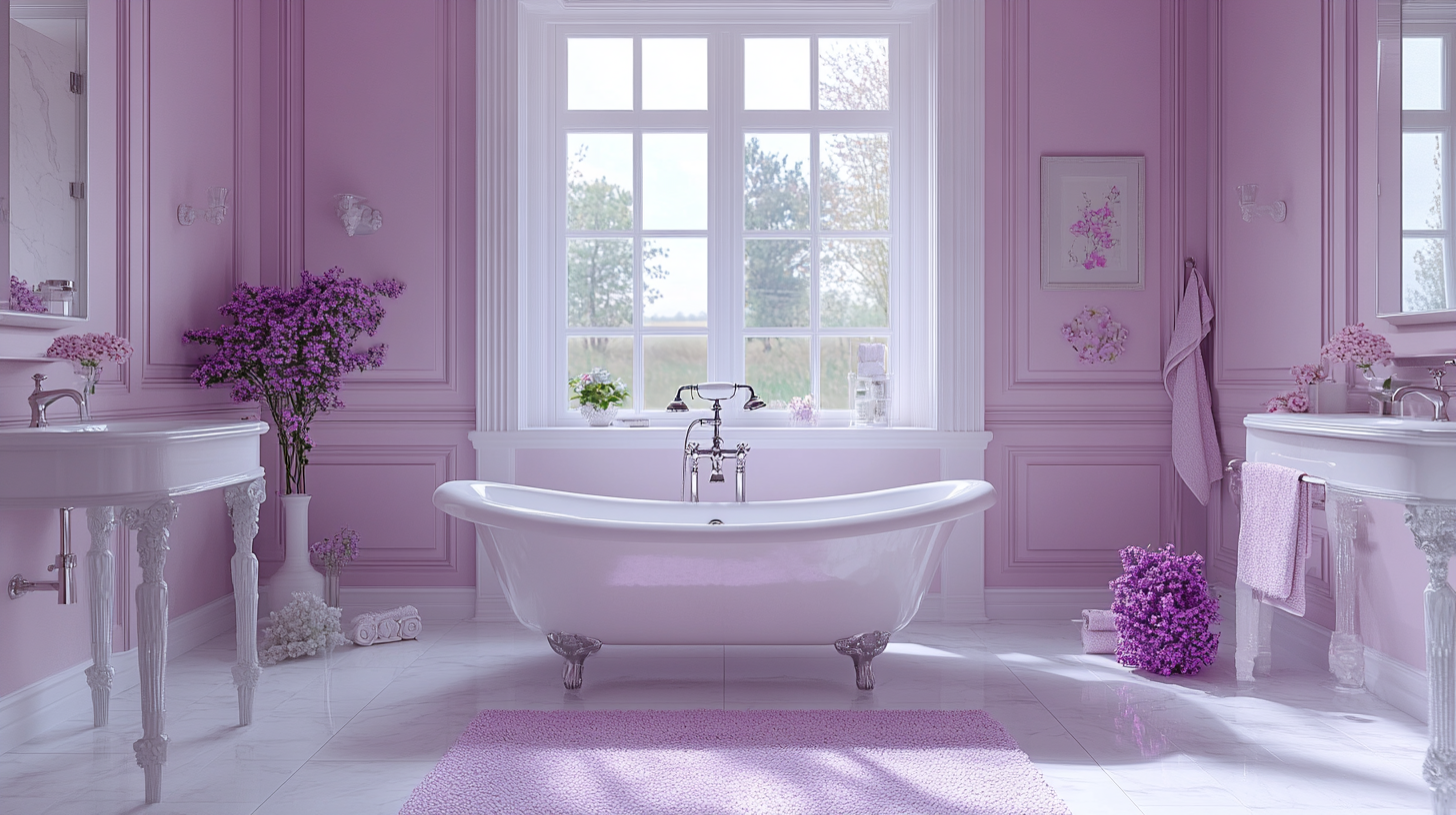 Lilac Love bathroom with white fixtures, floral motifs. Tranquil, romantic.