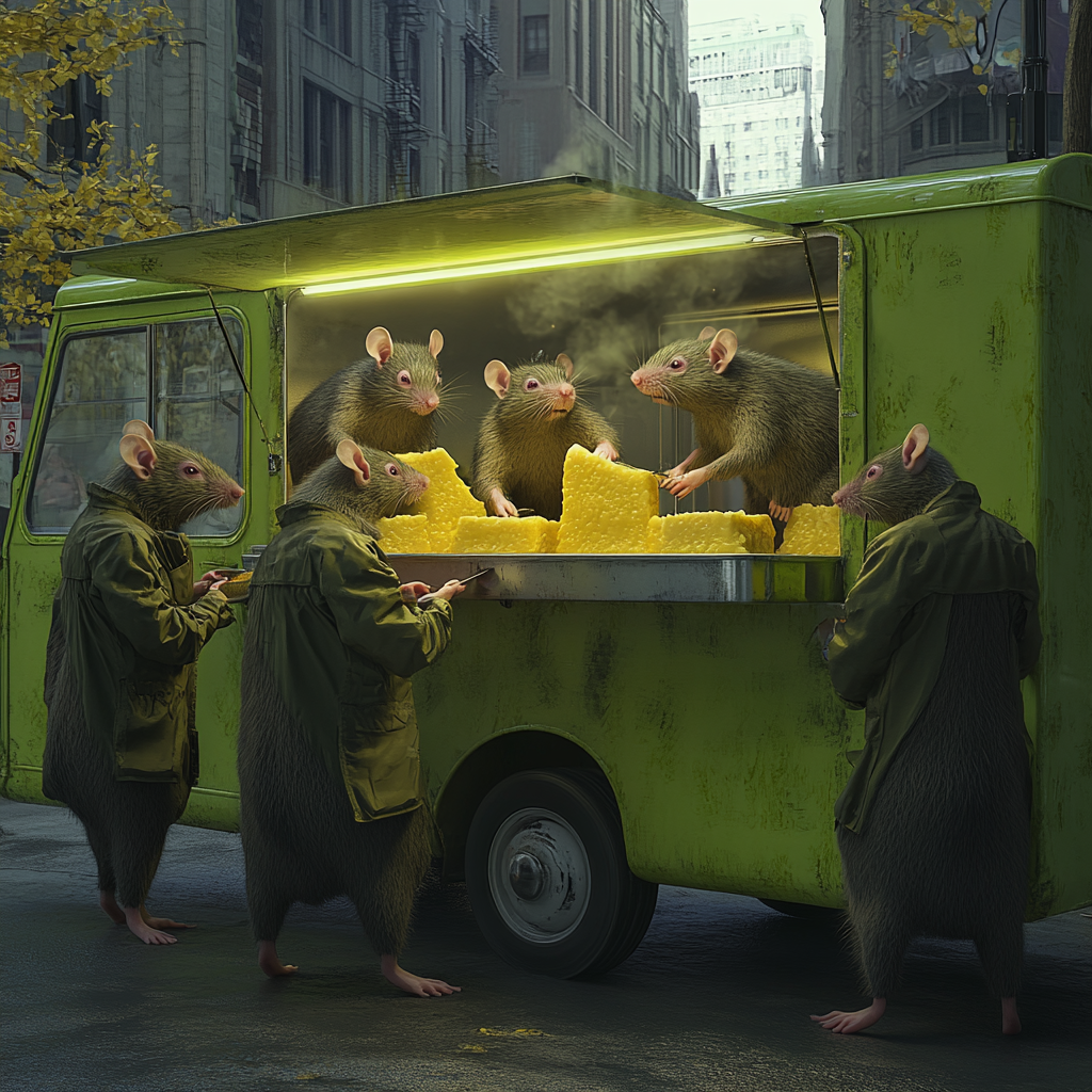 Lime green food truck with human-sized rat chefs serving cheese.