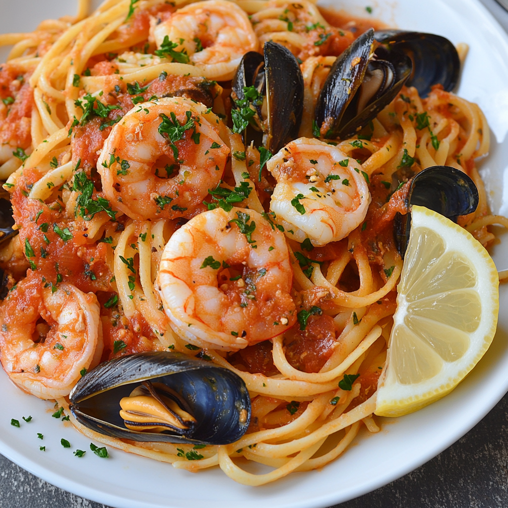 Linguine pasta with tomato sauce, shrimp, mussels, parsley.