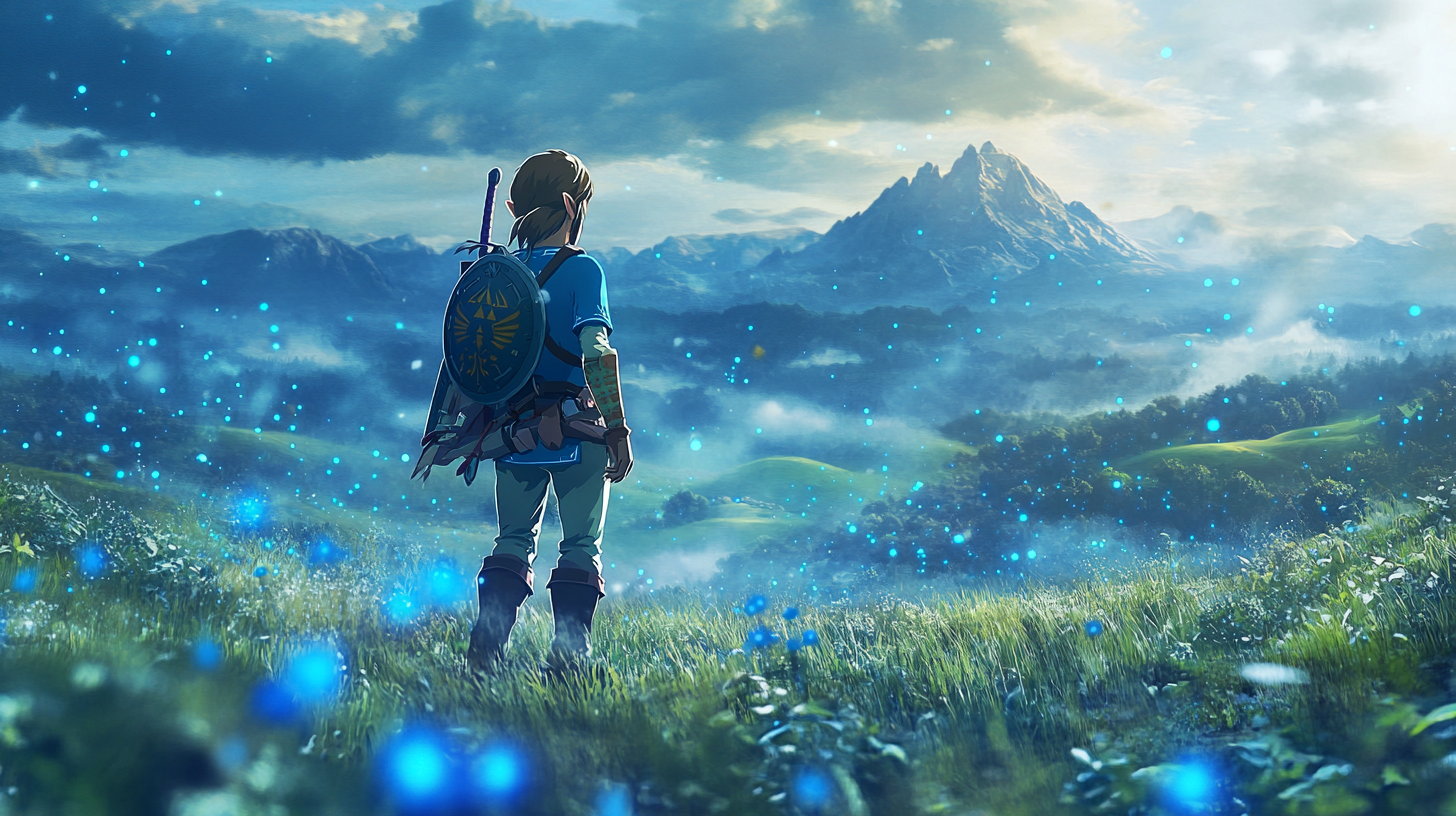 Link Exploring Dreamy Mountain Landscape with Blue Fireflies