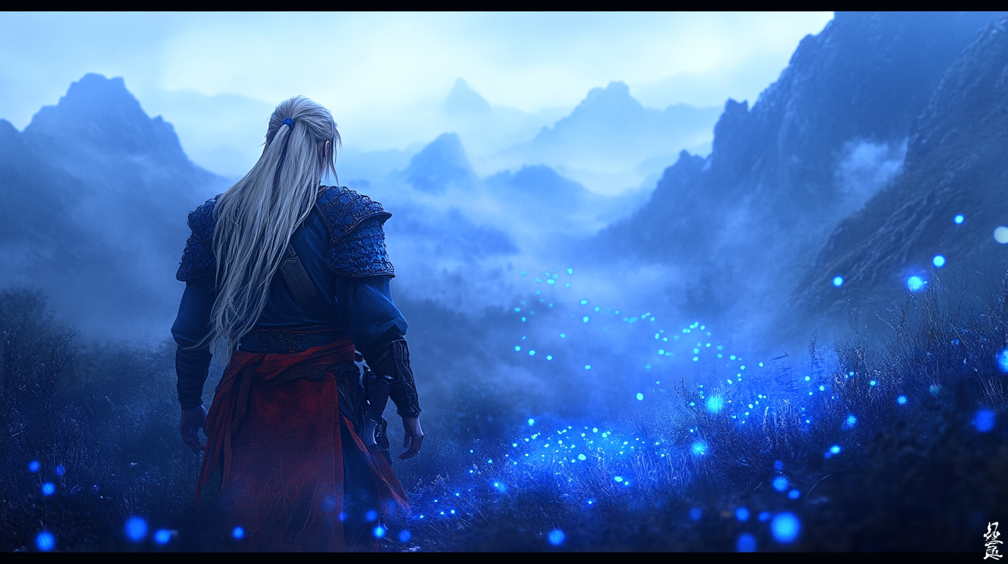 Link in Mongolian Outfit Exploring Dreamy Blue Landscape