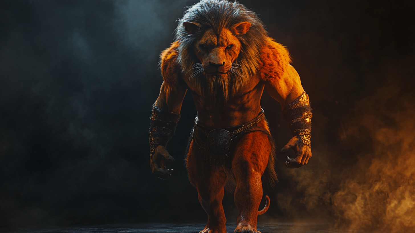 Lion man fighter walking in dark fantasy action