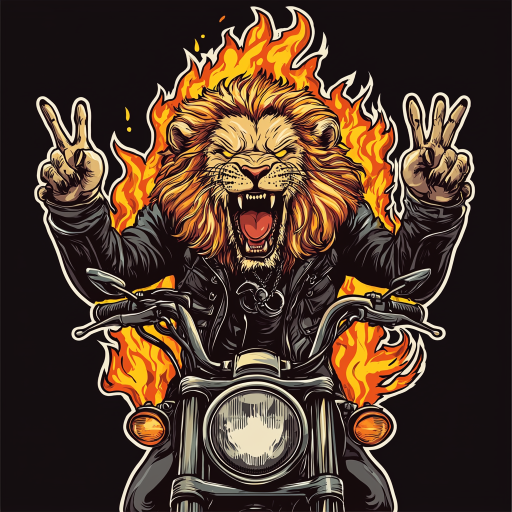 Lion sticker on bike in flames, hands rock horns.