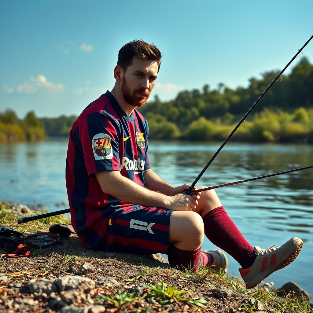 Lionel Messi in Barcelona Jersey Fishing by Riverside