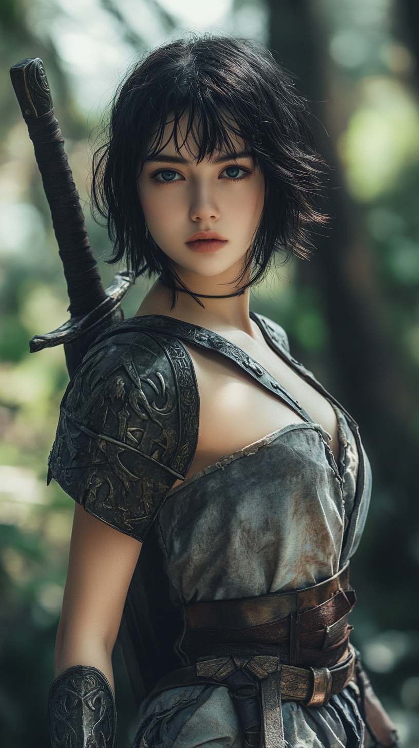 Lithe warrior woman in Conan-style outfit, forest background.