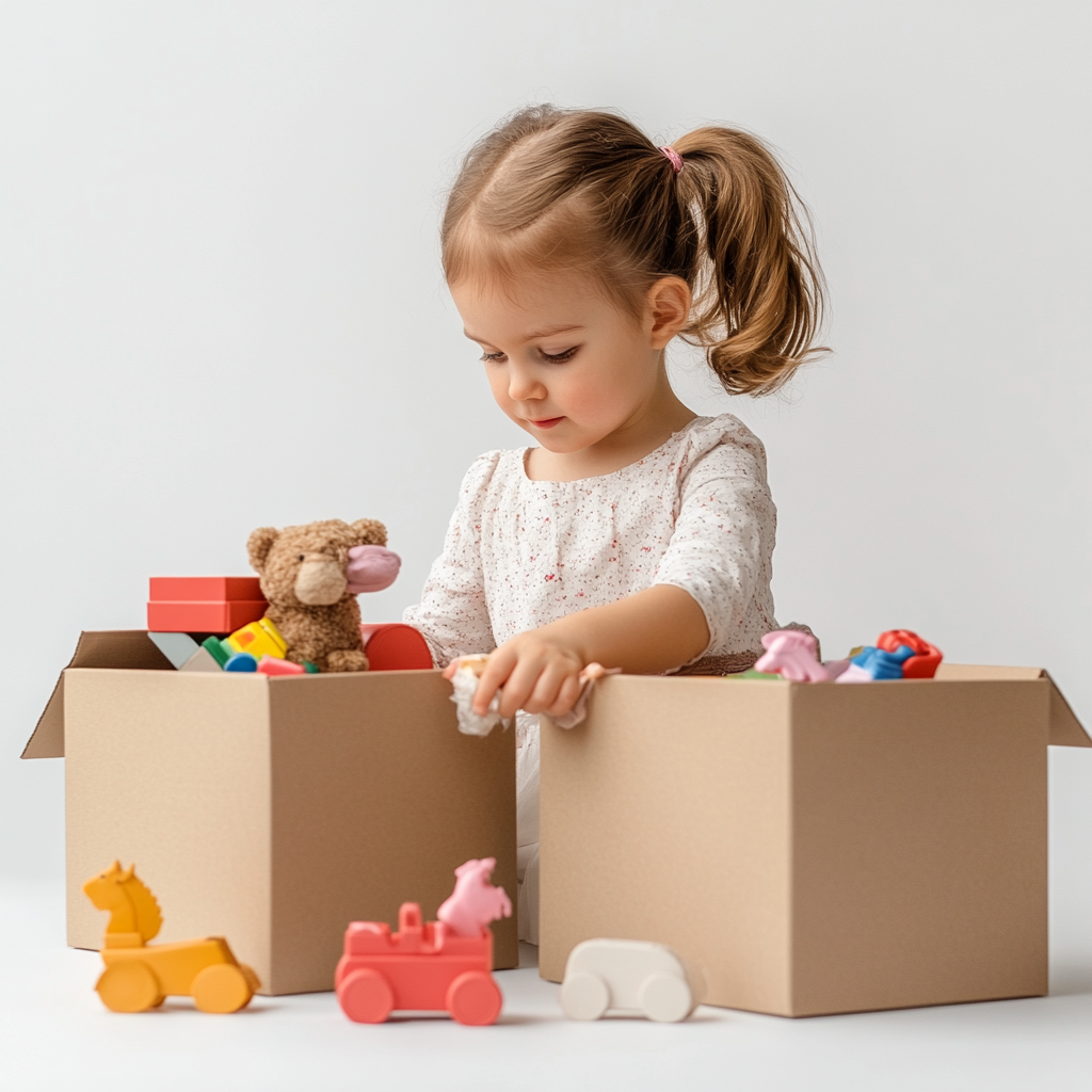 Little Girl Sorts Toys into S, M, L Boxes 