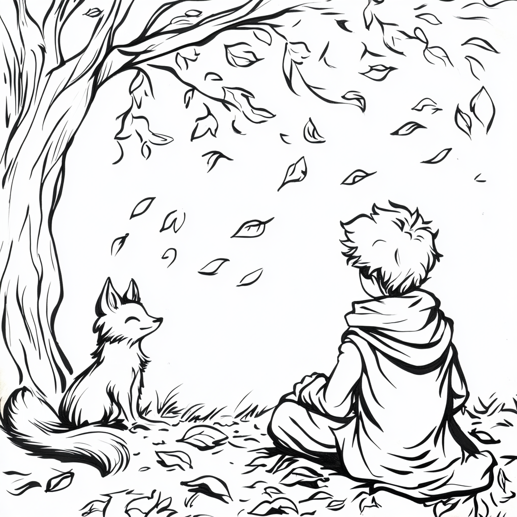 Little Prince & Fox Coloring Page: Simplified Autumn Design