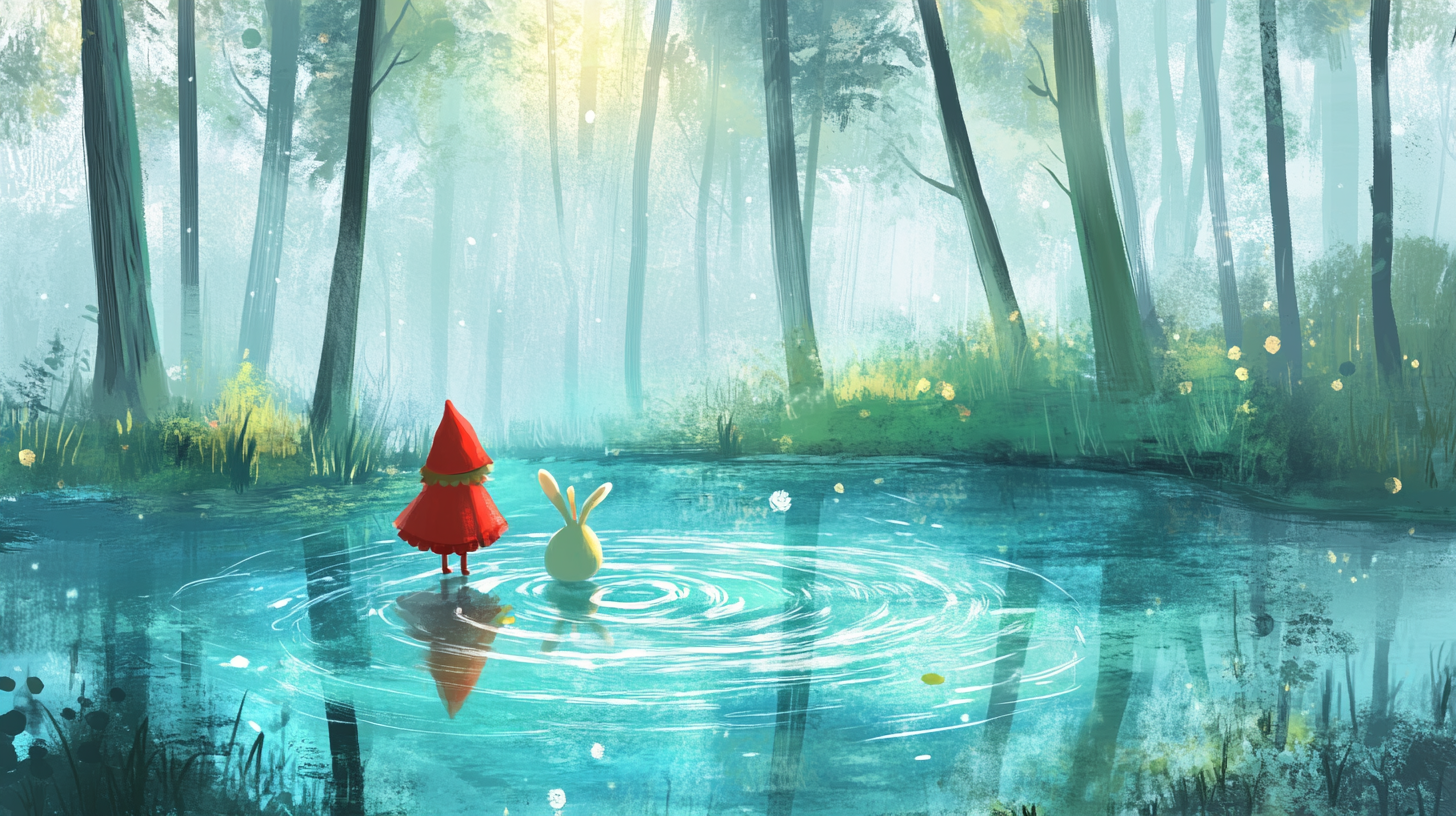 Little Red Riding Hood and Bunny by lake smiling.