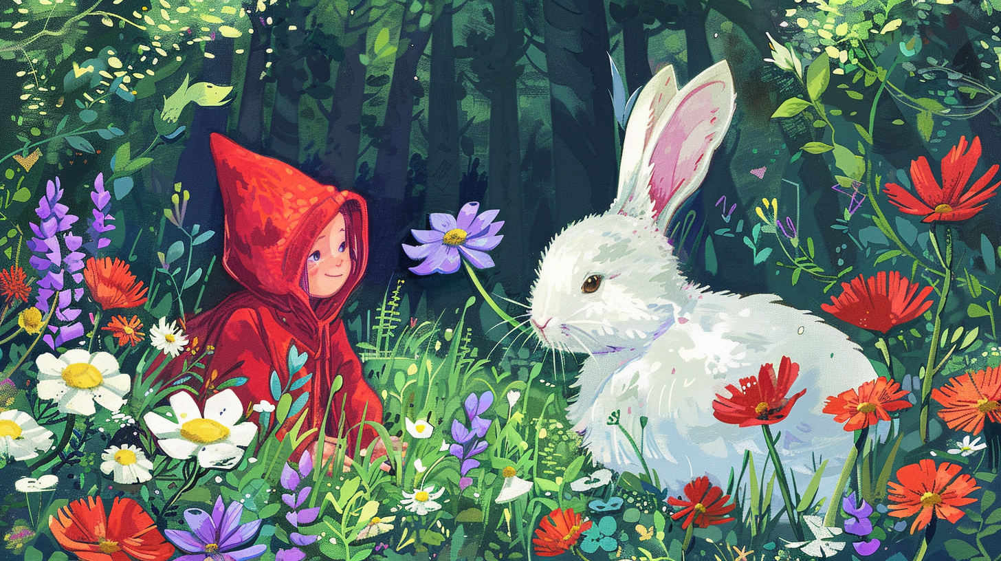 Little Red Riding Hood and White Bunny in meadow.