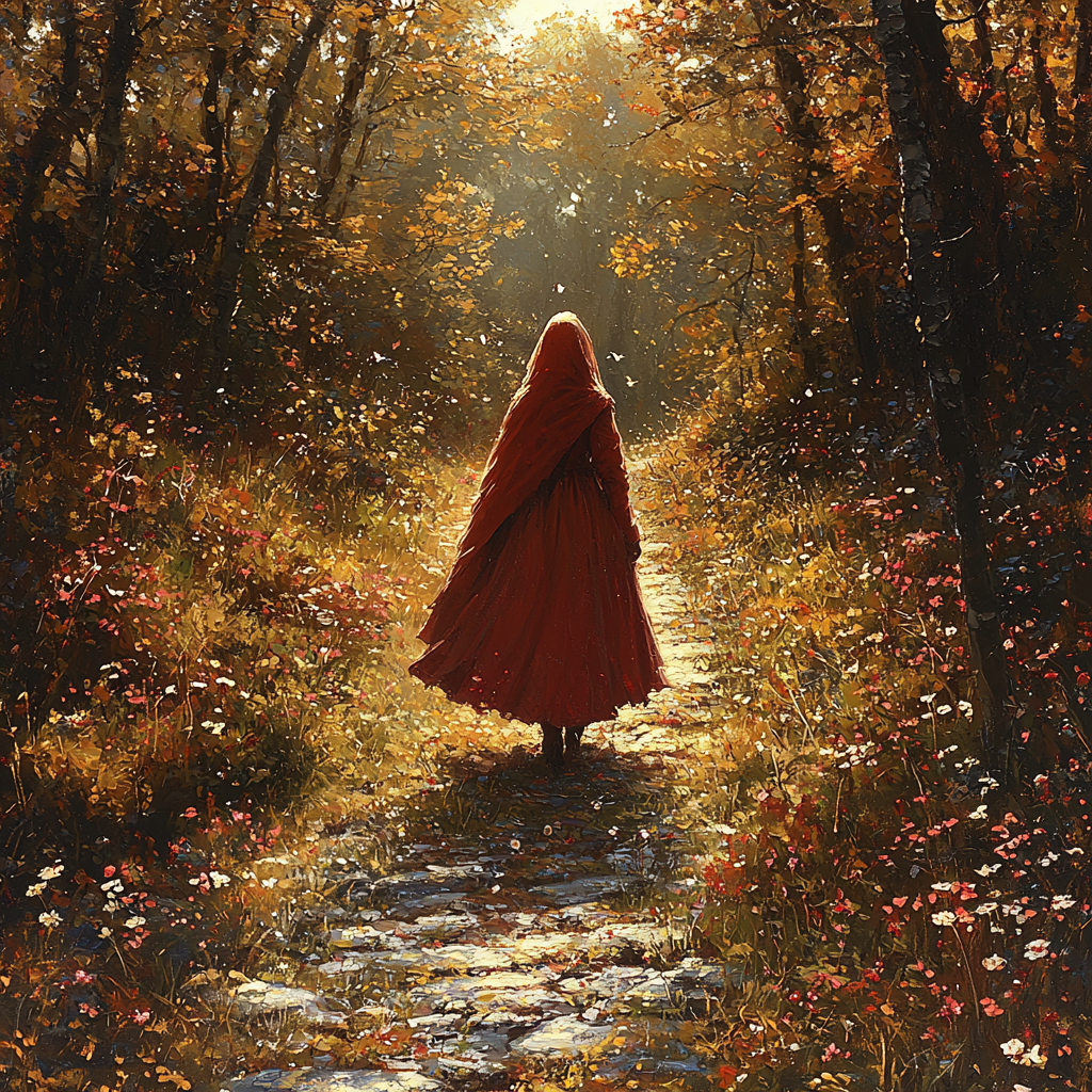 Little Red Riding Hood embarks on a tranquil journey.