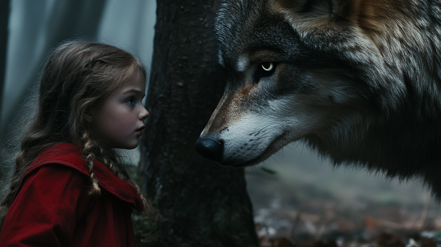 Little Red Riding Hood meets wolf in tense forest.