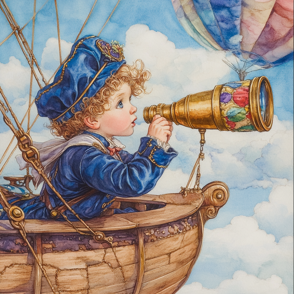 Little boy in blue sailor hat looks through telescope.