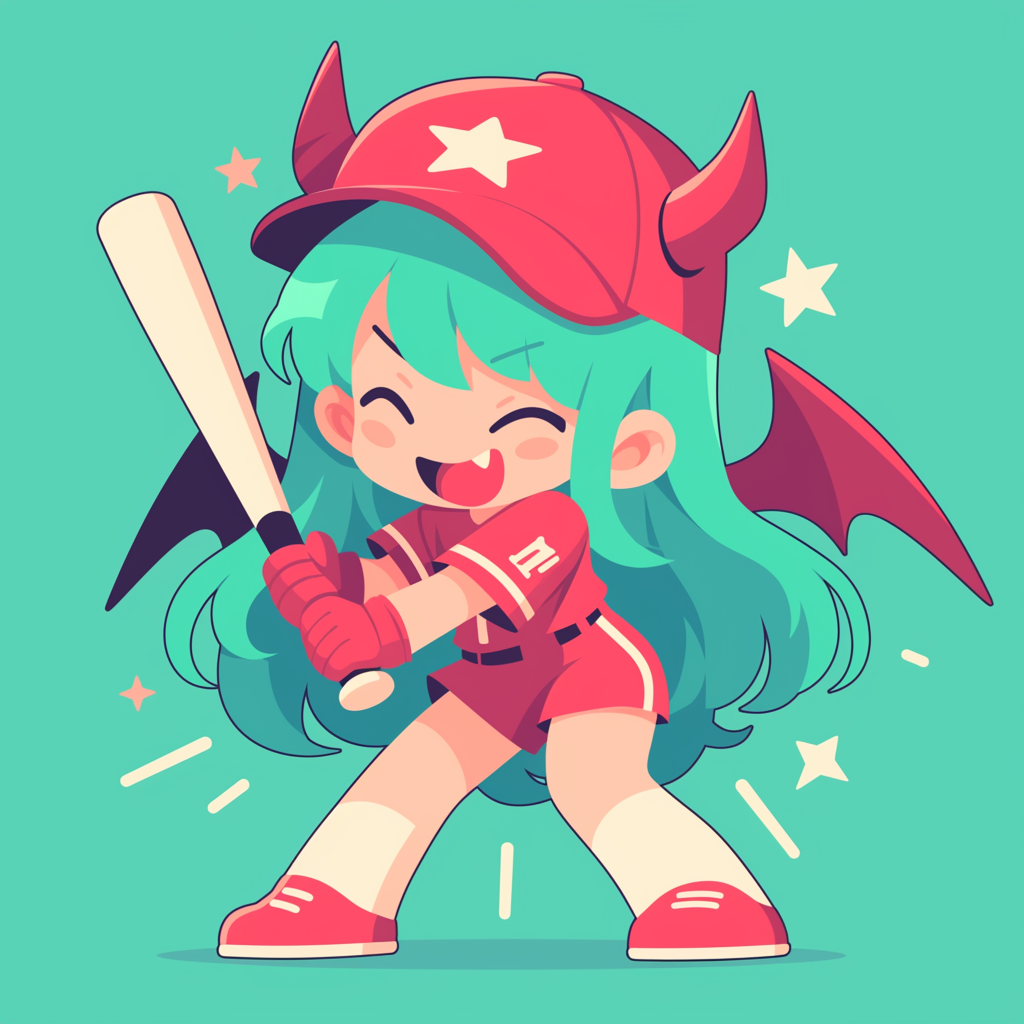 Little devil girl in baseball outfit smiles - vector sticker