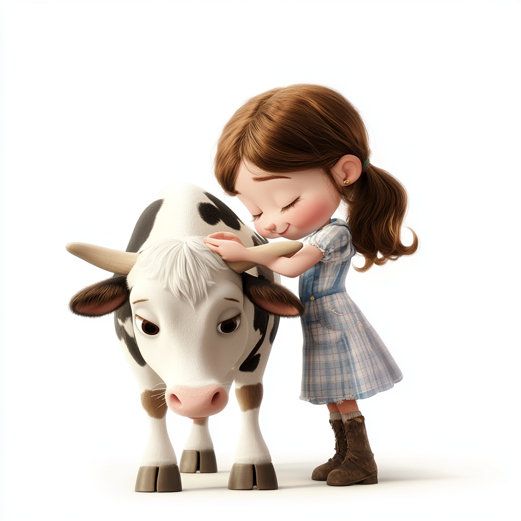 Little farm girl milking cow in animation