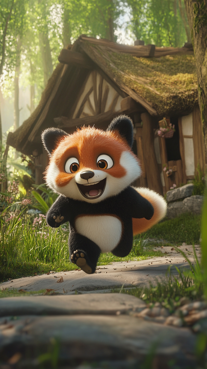 Little fox runs towards house, panda follows closely behind.