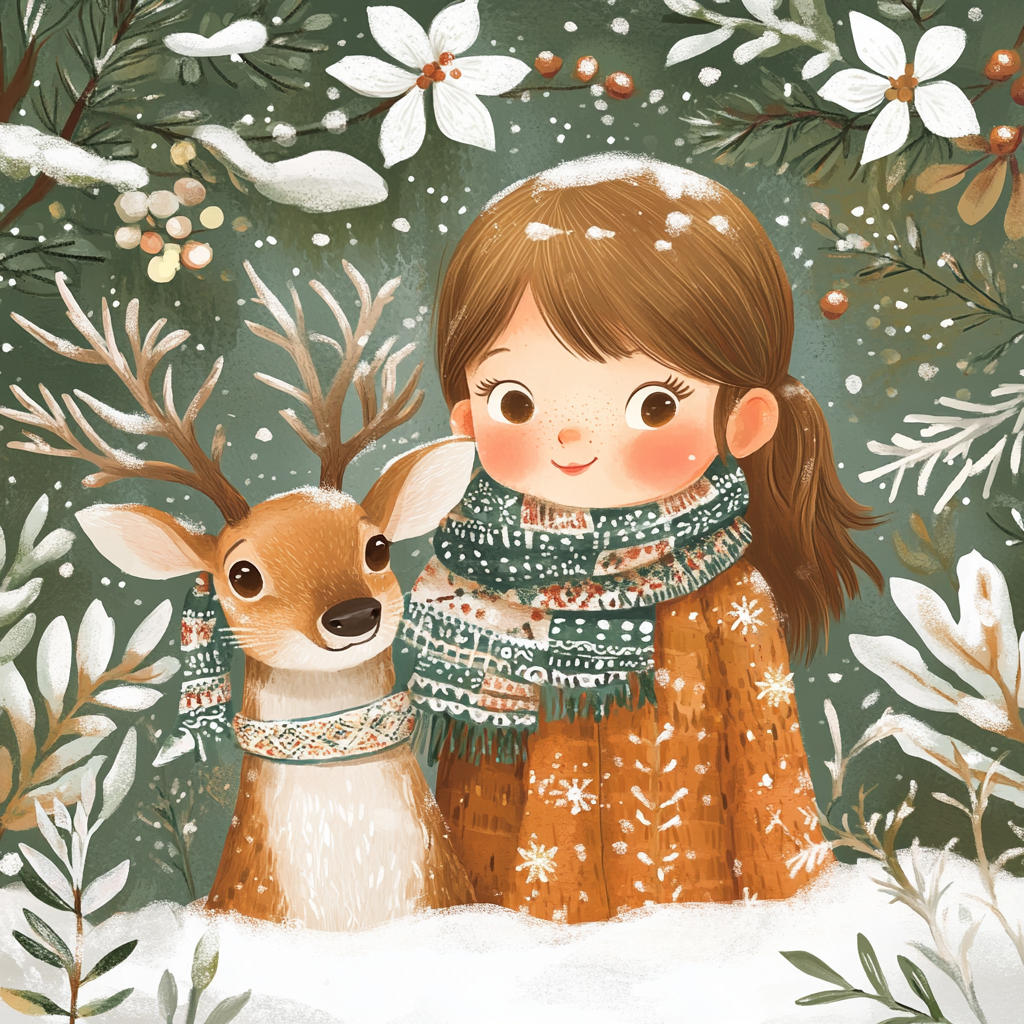 Little girl and deer in snow with scarves.