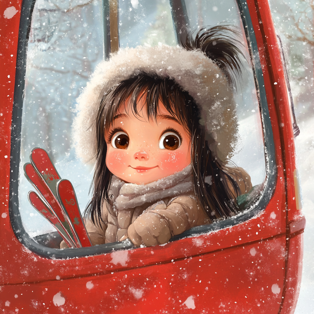 Little girl in ski jacket riding red gondola.