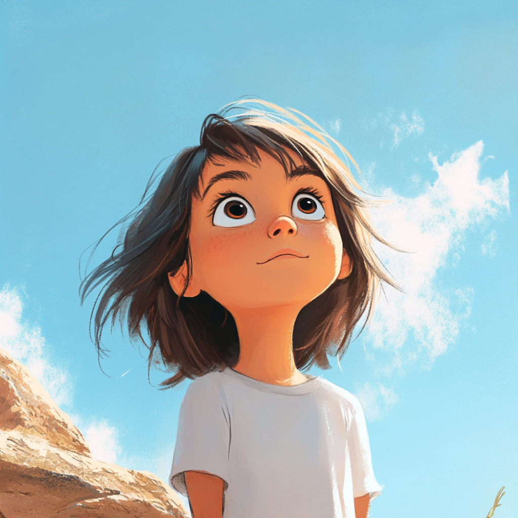 Little girl looks toward camera in cartoon style.