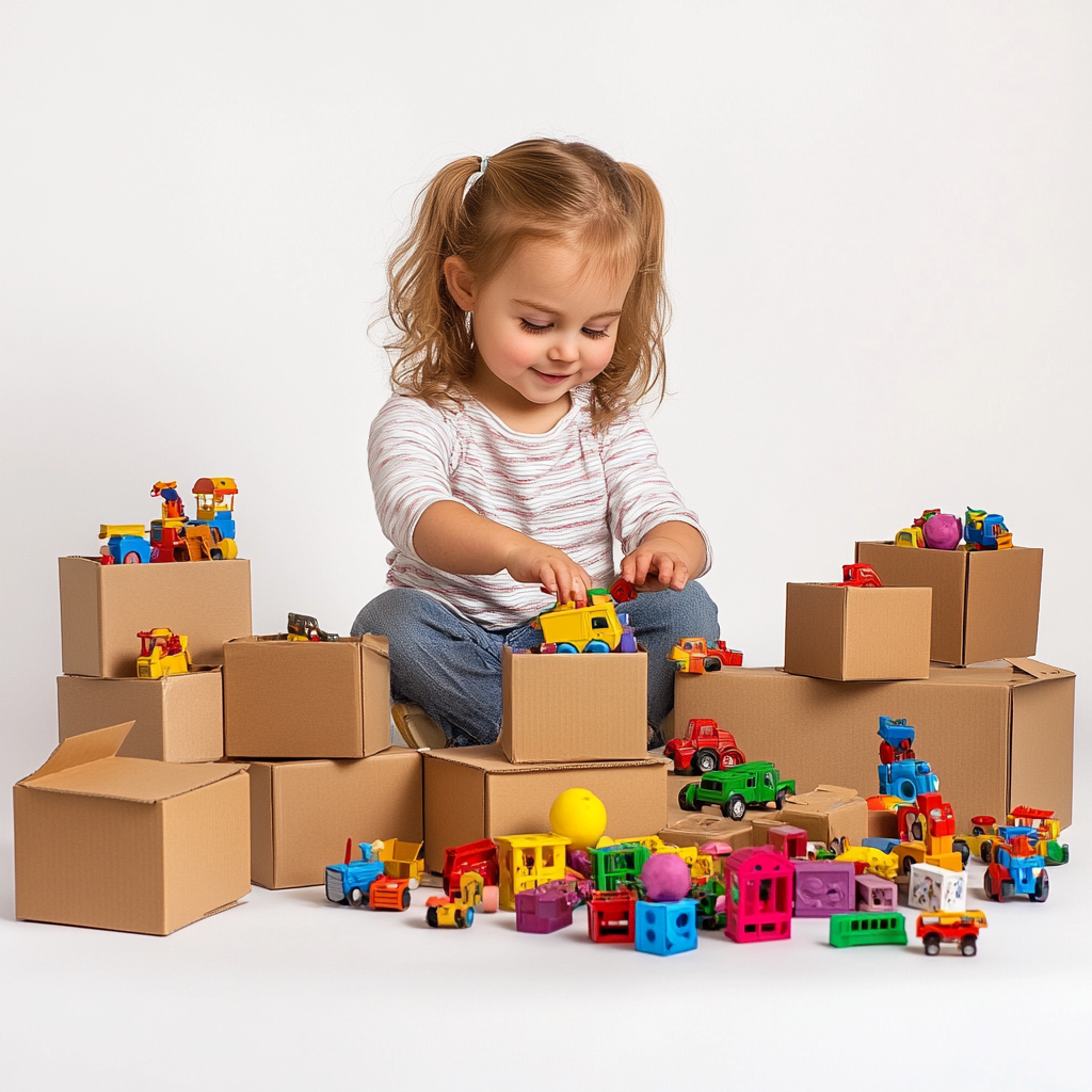 Little girl organizes toys in different sized boxes 