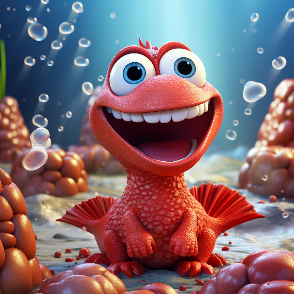 Little red dinosaur smiles under blue jellyfish and Jupiter.