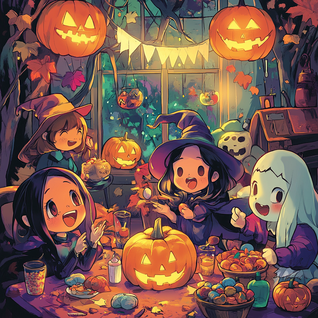 Lively Halloween party with joyful characters in costumes