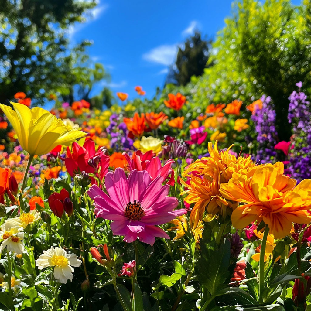 Lively garden with colorful flowers under sunny skies 