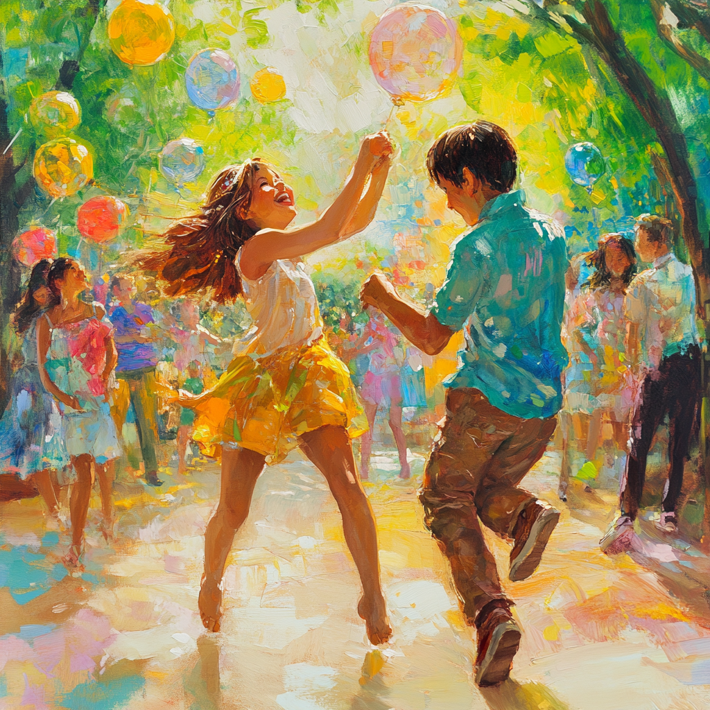 Lively scene with youthful energy and fresh affection.