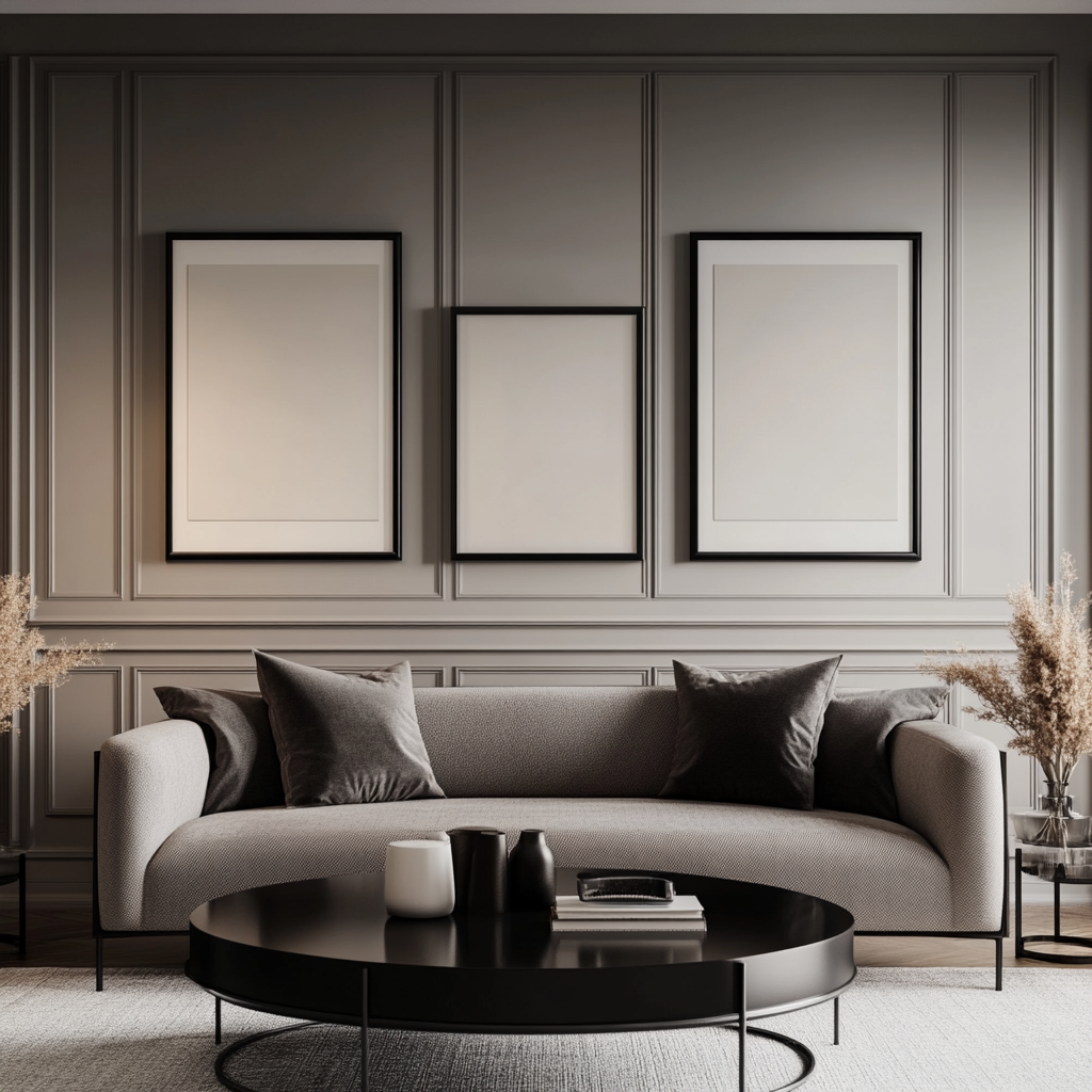 Living room mockup with 3×4 picture frames, grey tones.