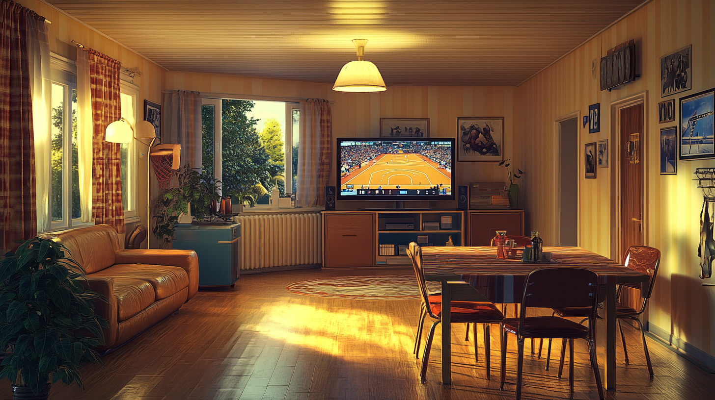 Living room with basketball game on TV, nostalgic setting.