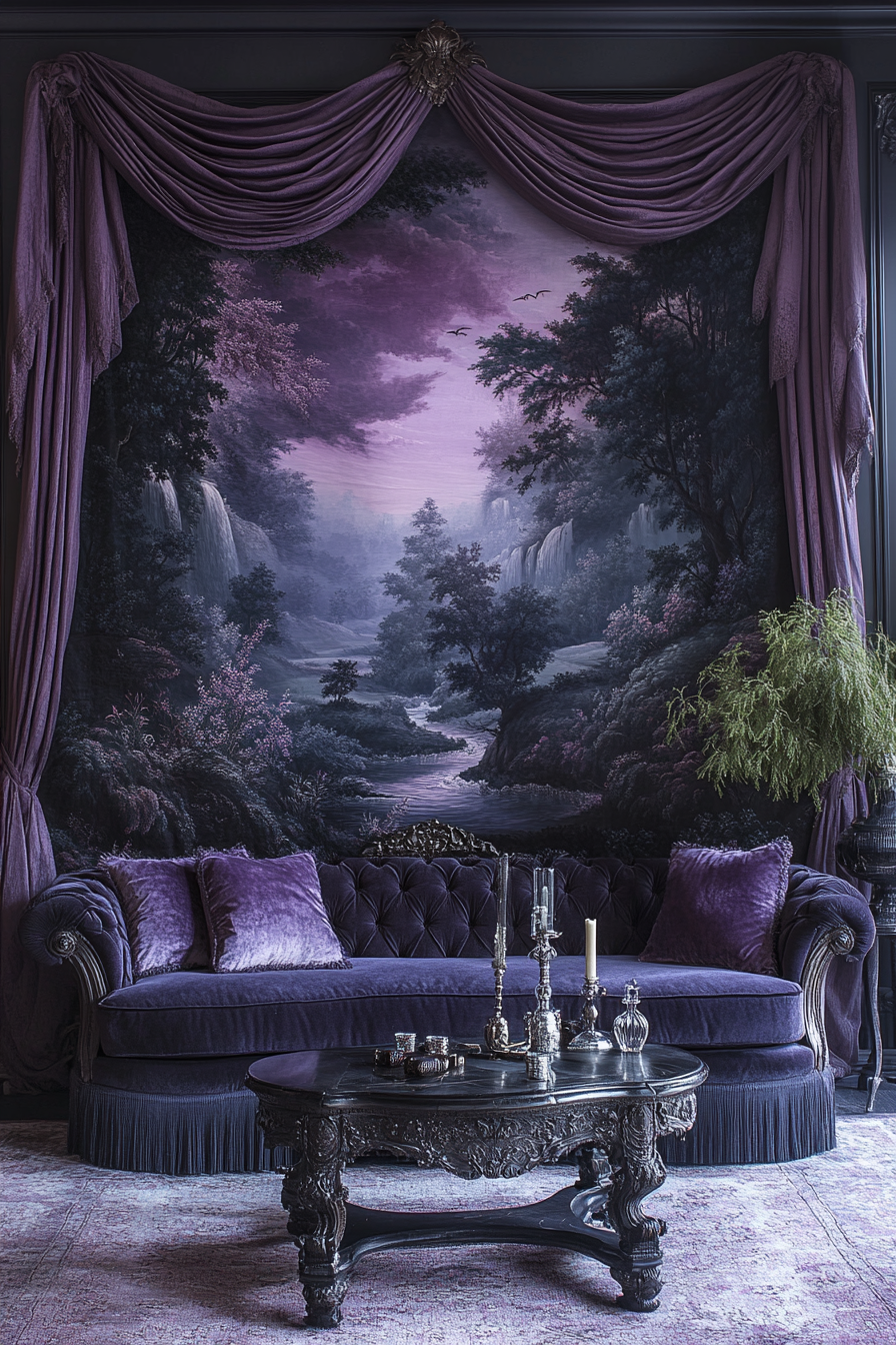 Living room with twilight theme, serene and dreamy.