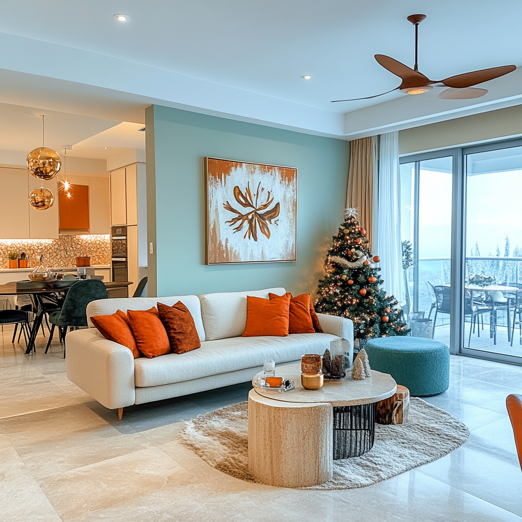 Living/kitchen/dining area with balconies, green walls, classic modern.