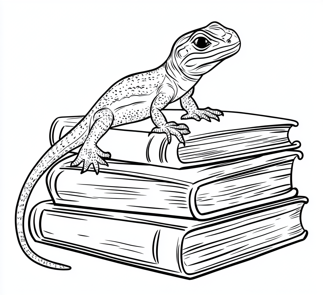 Lizard climbing books, simple line art coloring page.