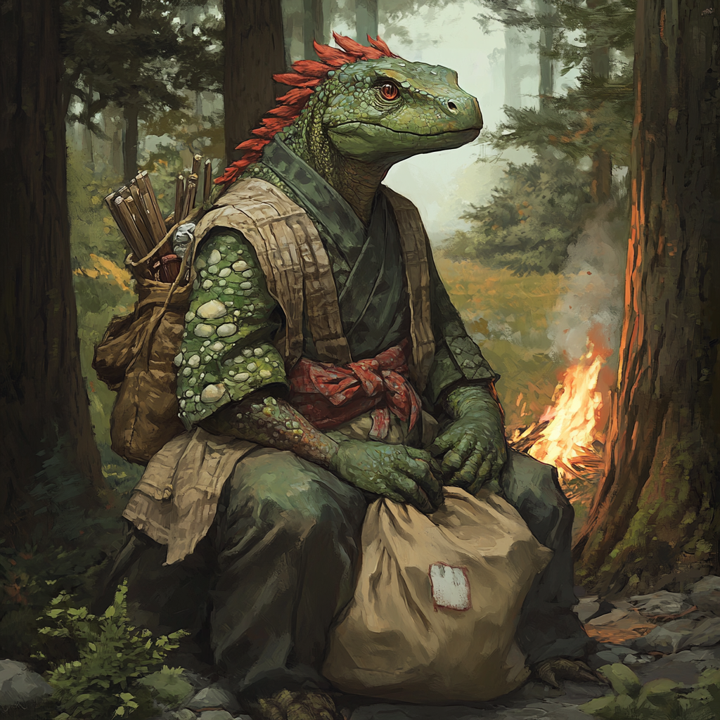 Lizardfolk warrior in robe with red frills. Campfire background.