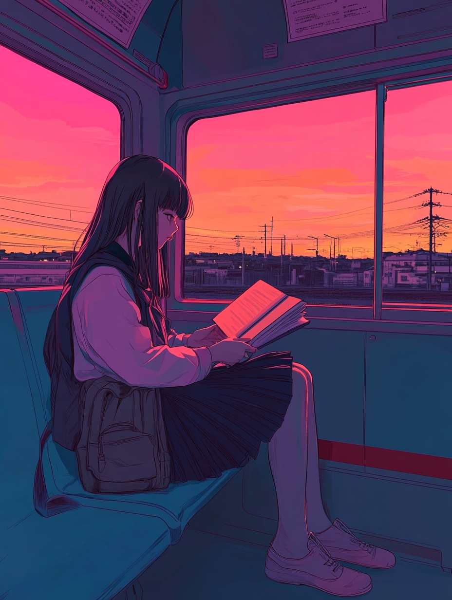 Lo-fi anime girl reading book on train at sunset.