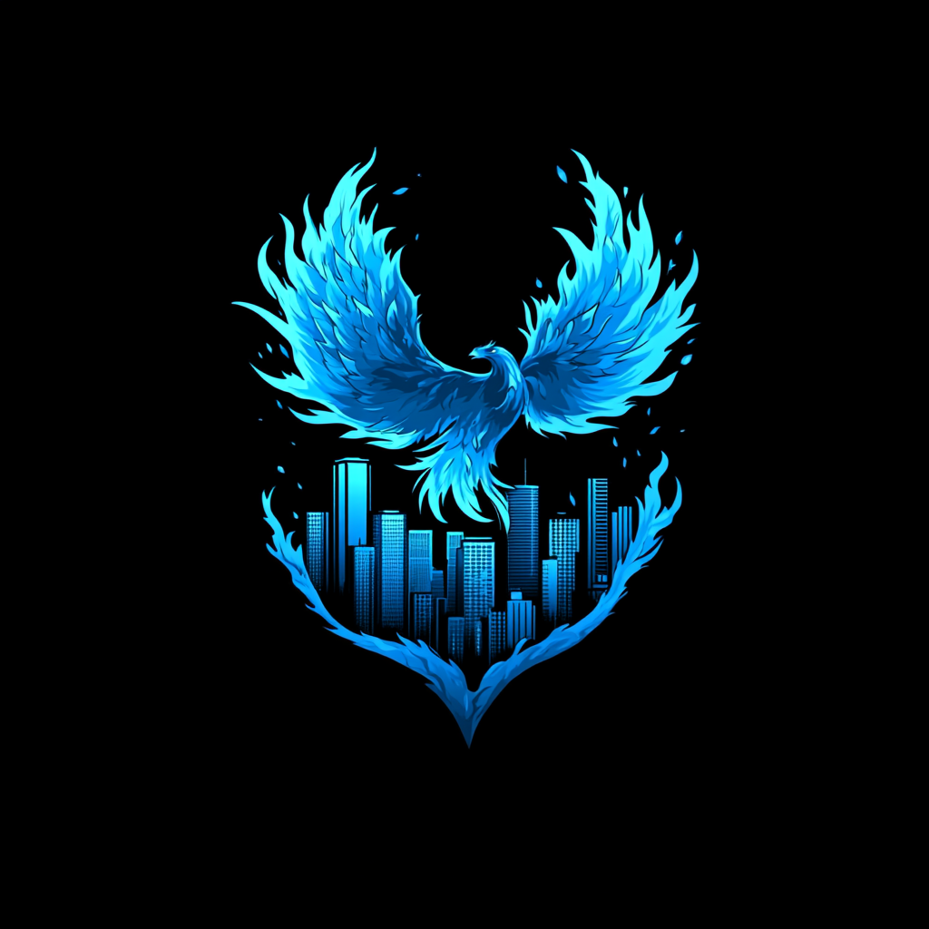 Logo design: Houston skyline, blue phoenix, fiery flames.