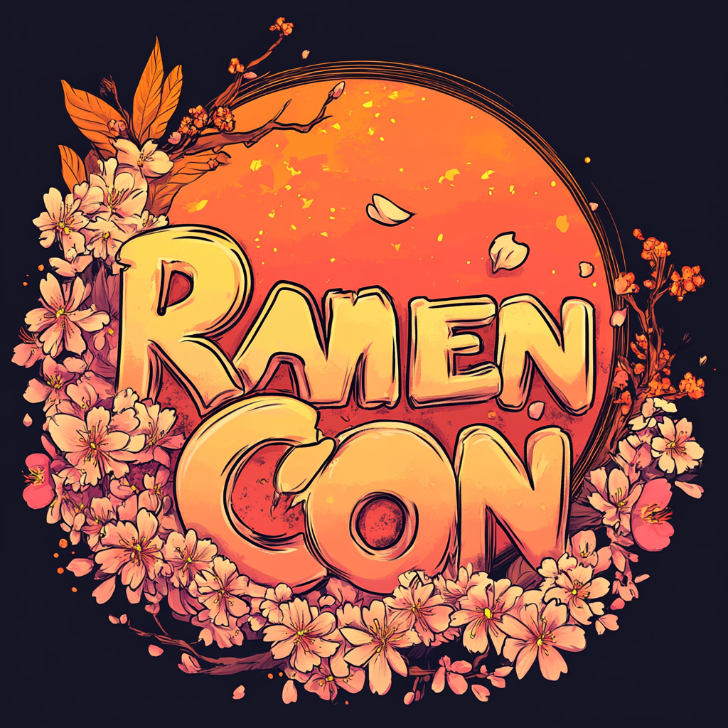 Logo for RAMEN CON with cherry blossom circle. Orange and cherry coloring.