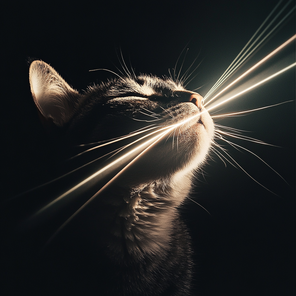 Logo of cat with light beams expanding towards camera.