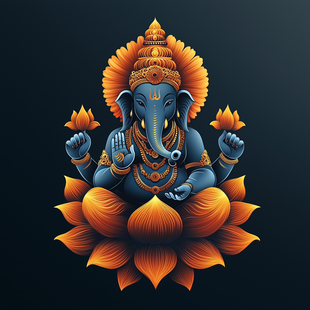 Logo of shiny gold Ganesha with bright chakras