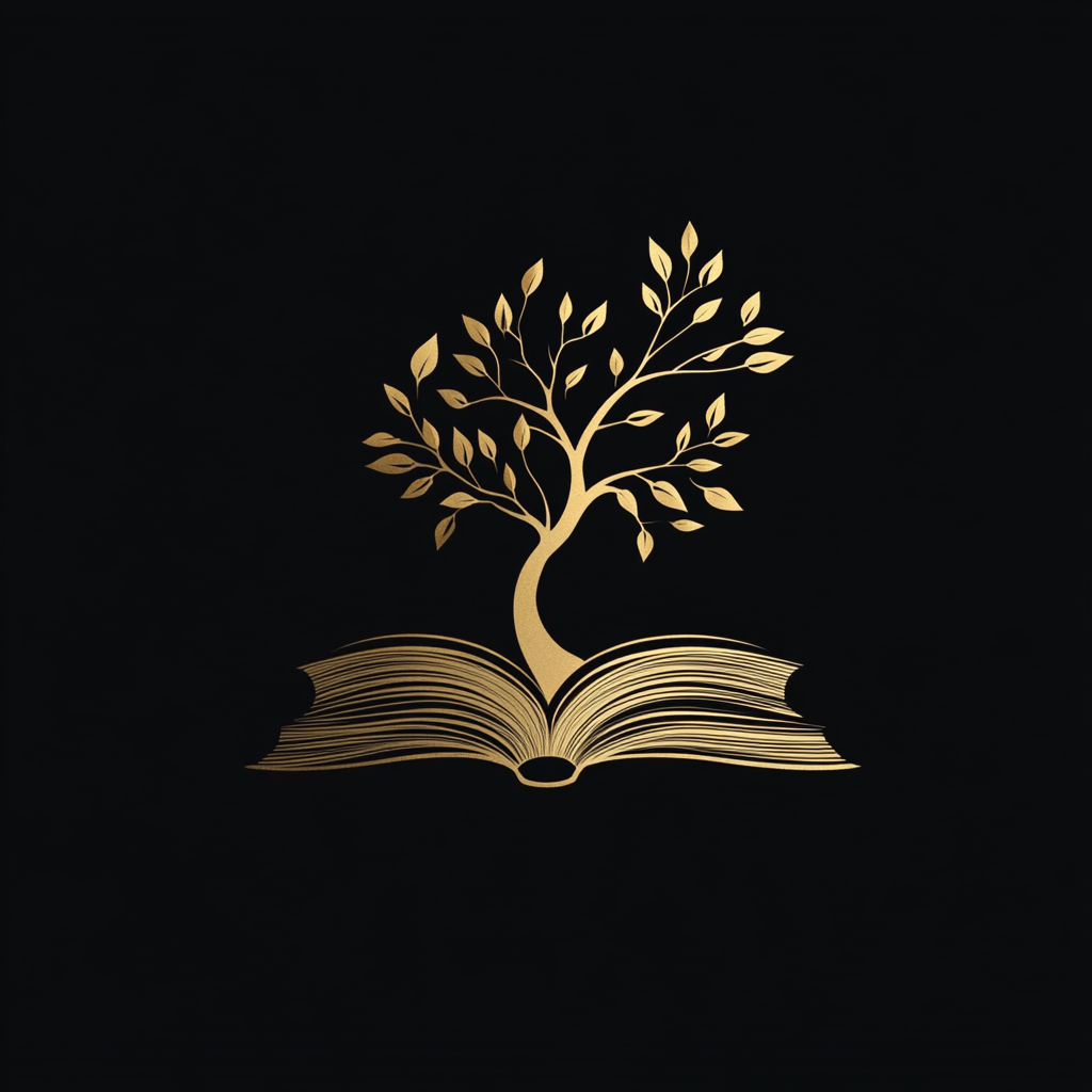 Logo with gold book, green tree growing out.